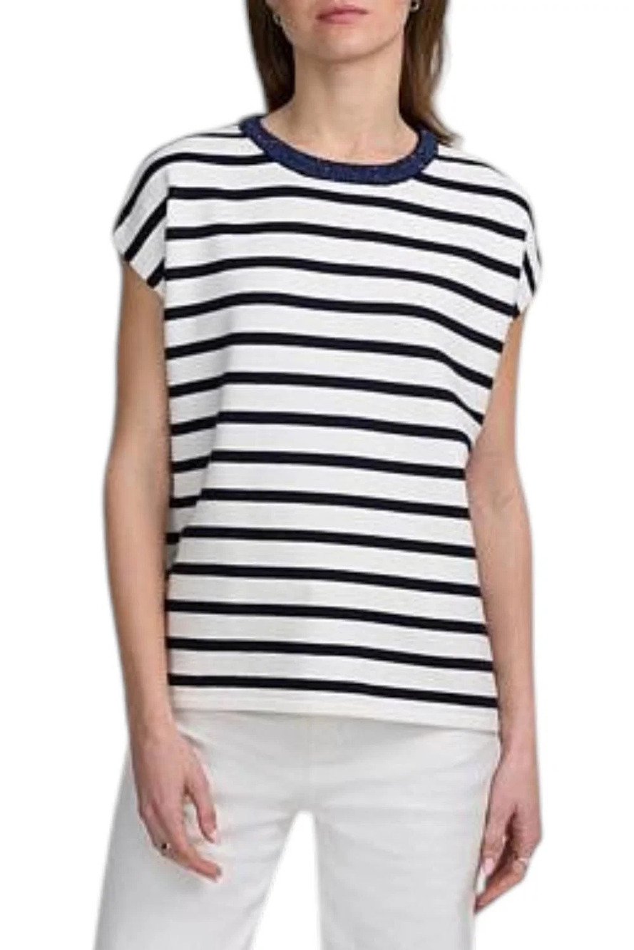 Elle Women's Striped Knit Top w/ Embellishment Ivory/Navy - Regular